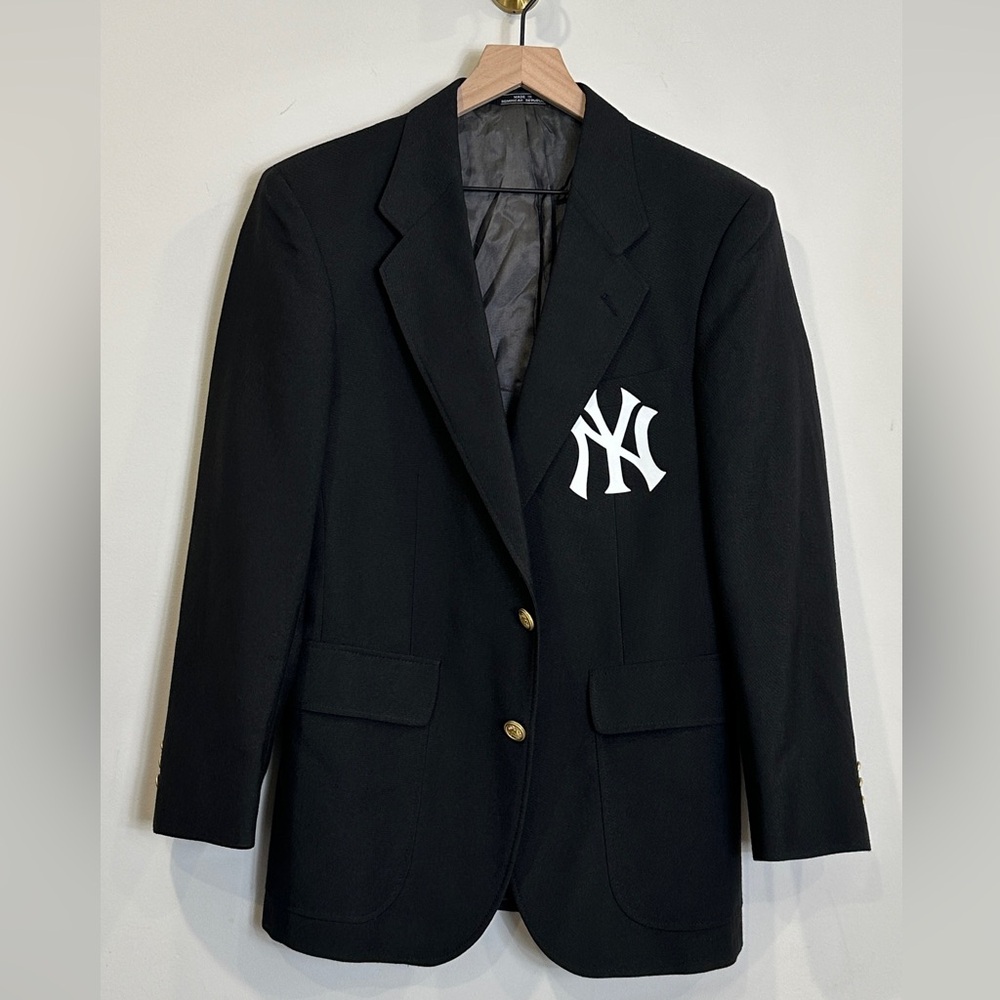 Vintage Men's Black Blazer w Gold Buttons Upcycled with Novelty Patch 36